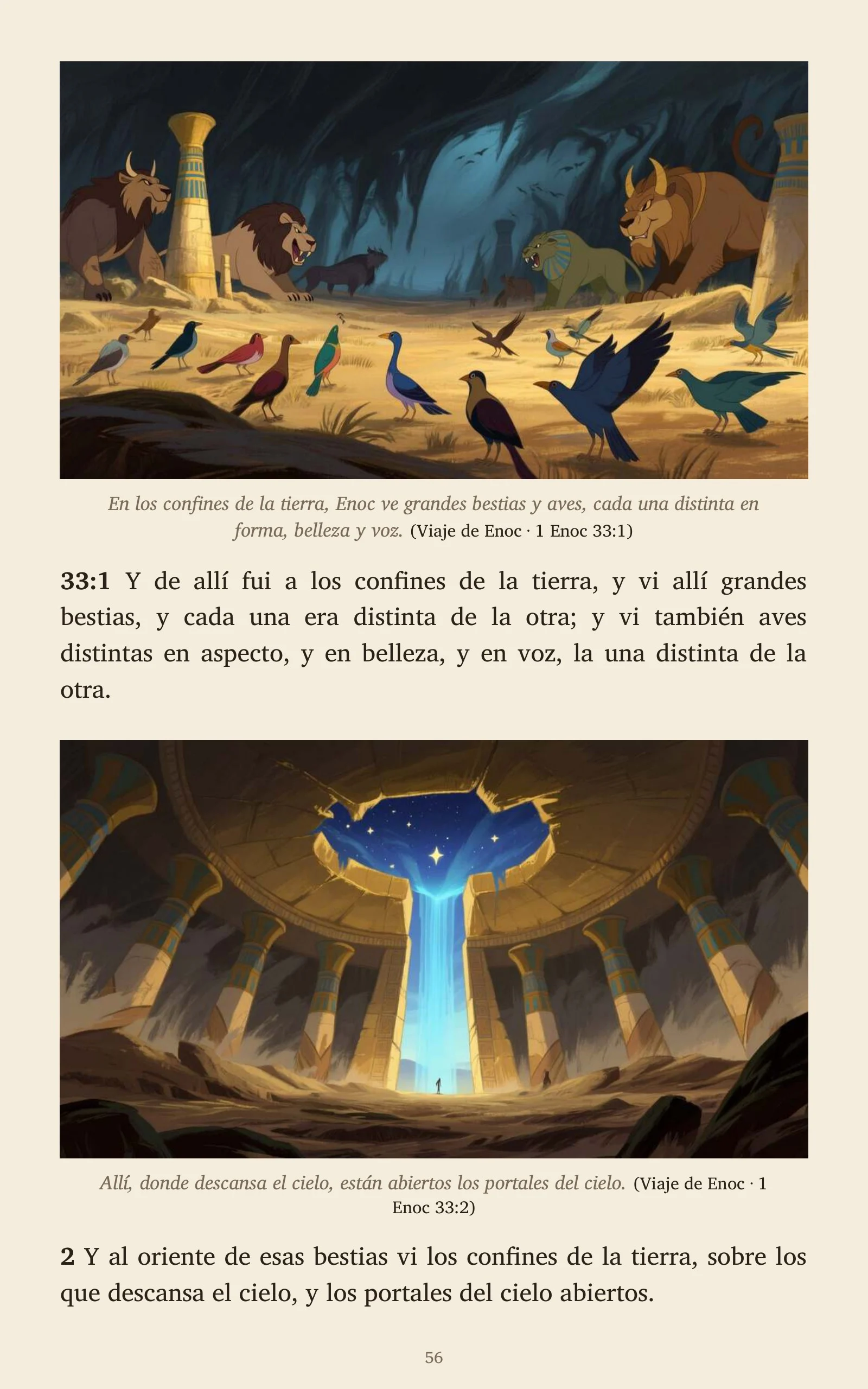 Página 56 de Enoc: Los viajes: las bestias y aves de los confines de la tierra y los portales del cielo (1 Enoc 33:1-2)