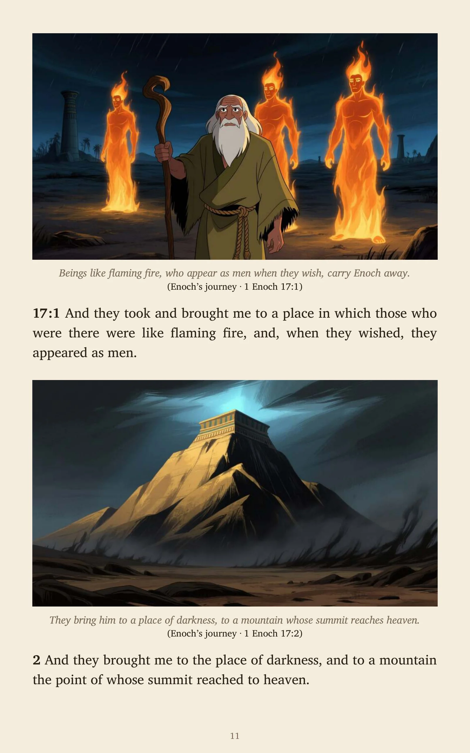 Page 11 of Enoch: The Journeys: those who were like flaming fire take Enoch away (1 Enoch 17:1-2), with two illustrations